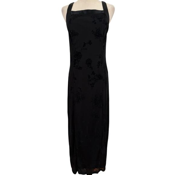 Vtg 90s CDC Black Flocked‎ Velvet Dress Floral Glitter Gown Crisscross 8 Goth - Picture 1 of 7